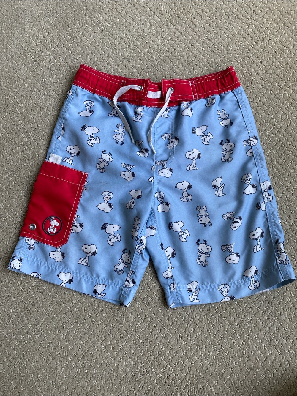 Hanna Andersson Peanuts Light Blue & Red Snoopy Swim Shorts
